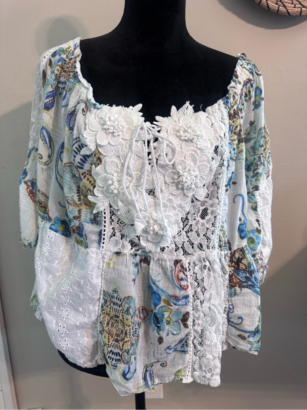 Dreamy Boho Lace & Watercolor Floral Peasant Blouse